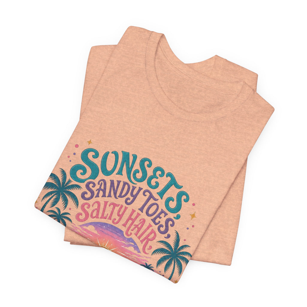 Hawaii Beach Tee — "Sunsets, Sandy Toes, Salty Hair" Sunset Palm Graphic Shirt