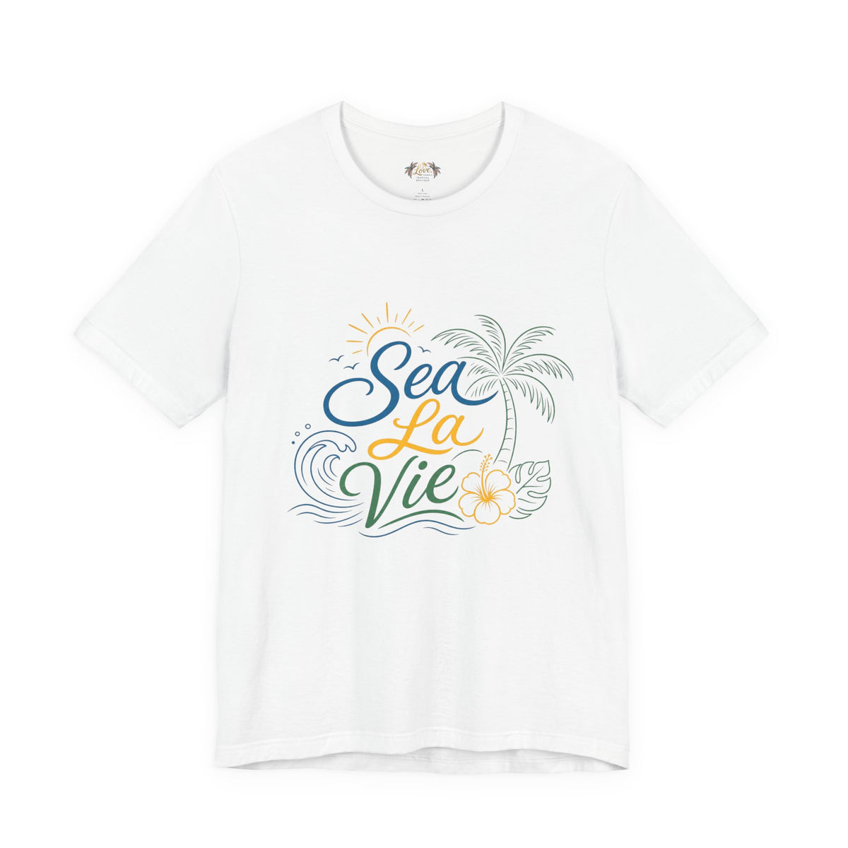 Sea La Vie beach palm graphic Tee | tropical waves, palm tree, hibiscus