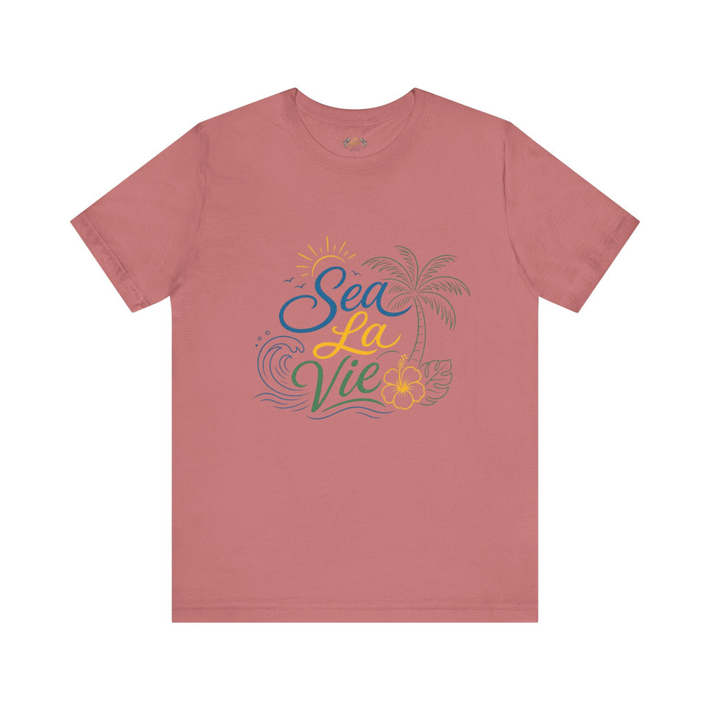 Sea La Vie beach palm graphic Tee | tropical waves, palm tree, hibiscus