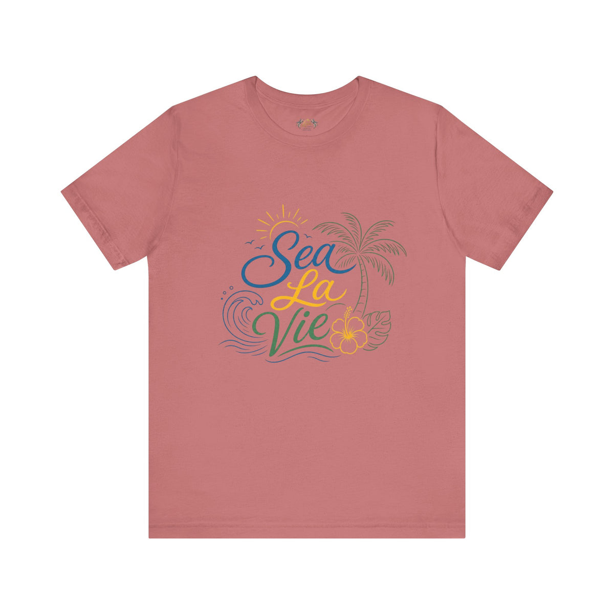Sea La Vie beach palm graphic Tee | tropical waves, palm tree, hibiscus