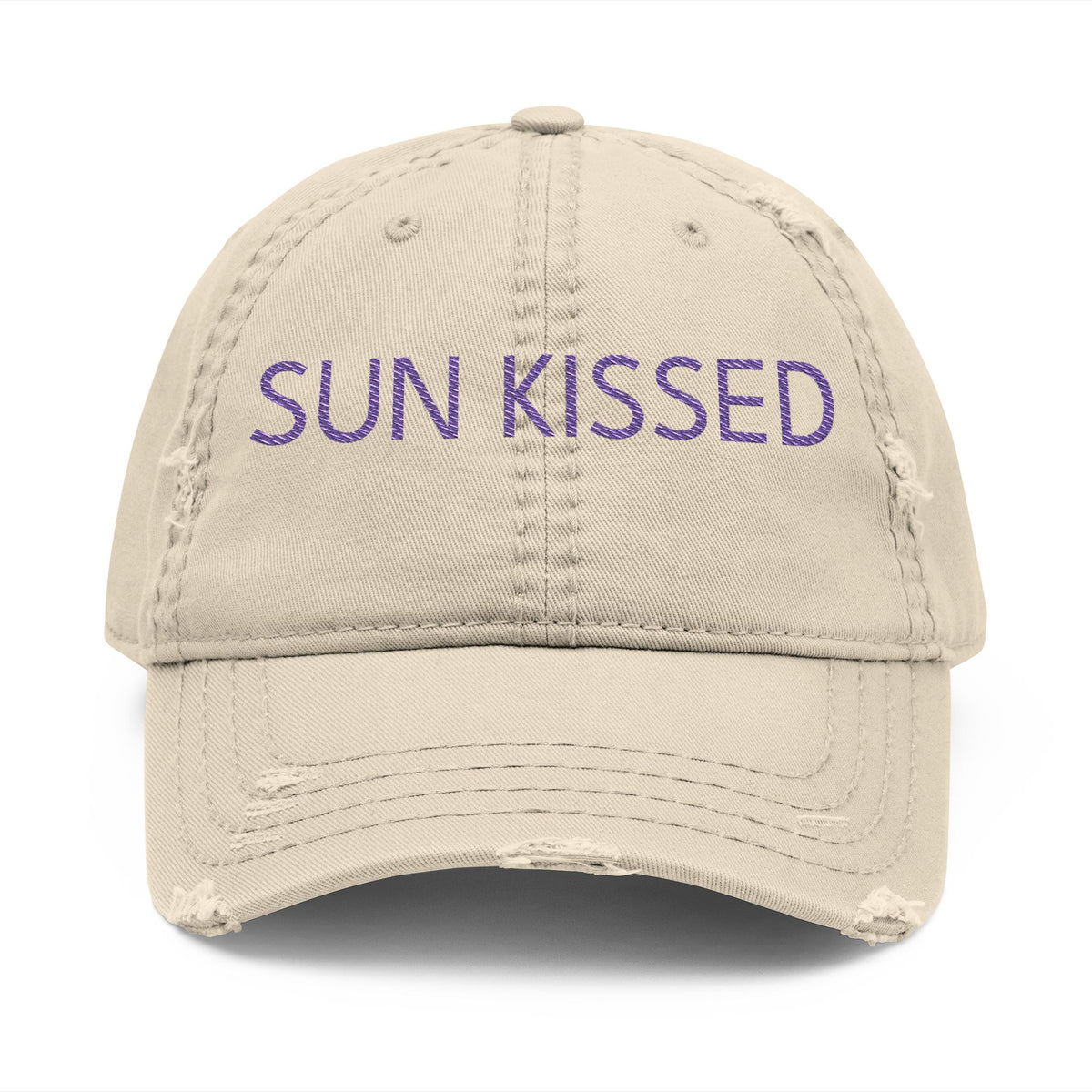 Sun Kissed Distressed Dad Hat — Embroidered Beige Baseball Cap