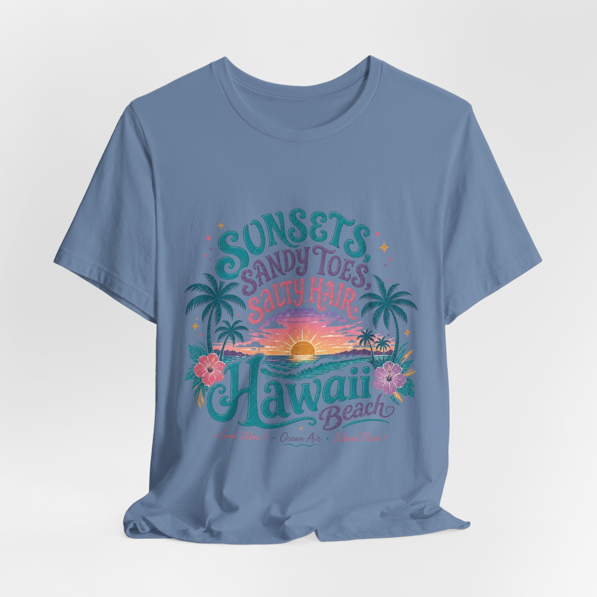 Hawaii Beach Tee — "Sunsets, Sandy Toes, Salty Hair" Sunset Palm Graphic Shirt