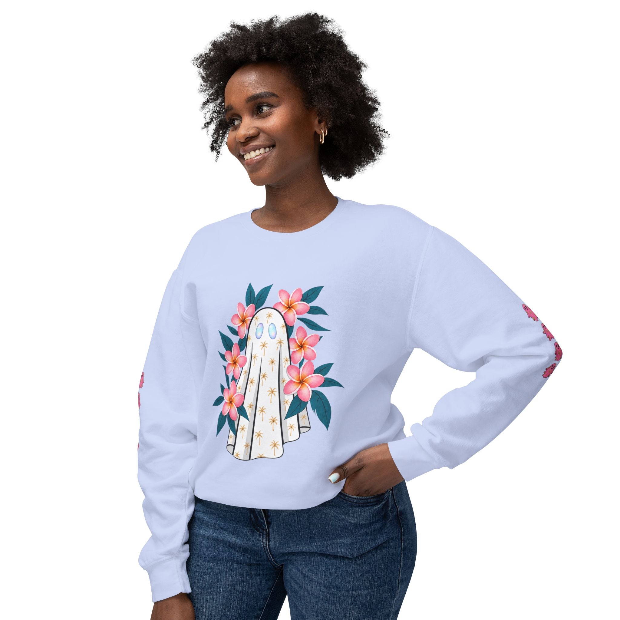 Floral Ghost Crewneck Sweatshirt | Ghost with Pink Flowers-Love, Hawaii Halloween