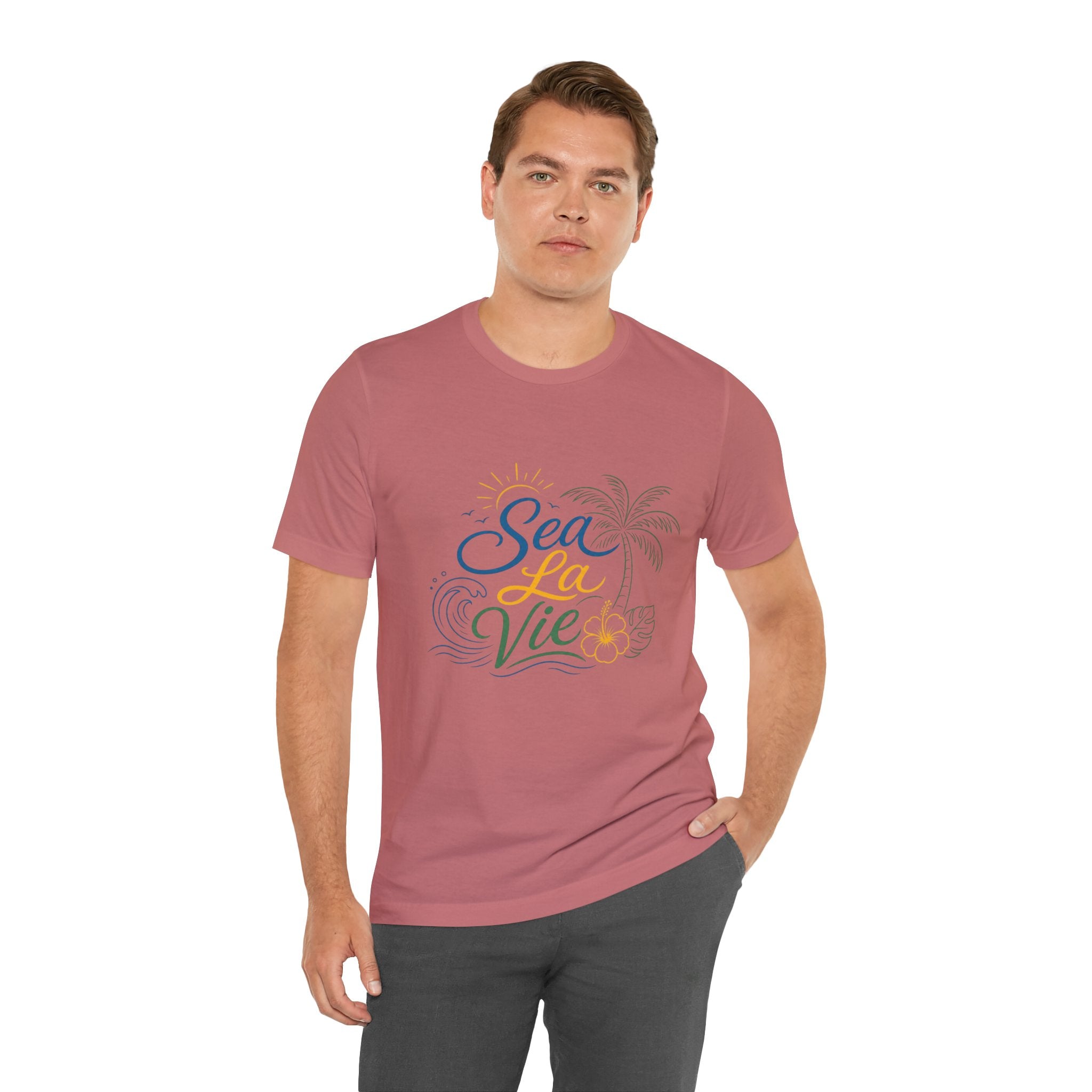 Sea La Vie beach palm graphic Tee | tropical waves, palm tree, hibiscus