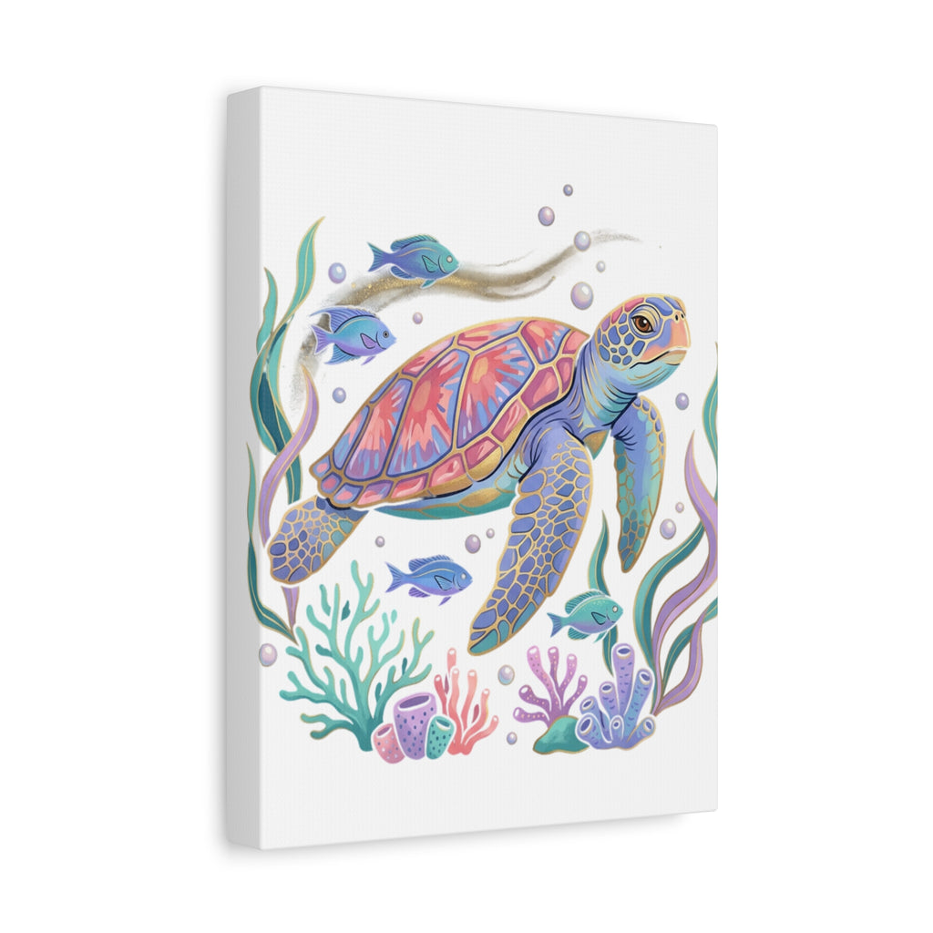 Colorful Sea Turtle Canvas Wall Art — Pastel Ocean Turtle Print on Matte Stretched Canvas