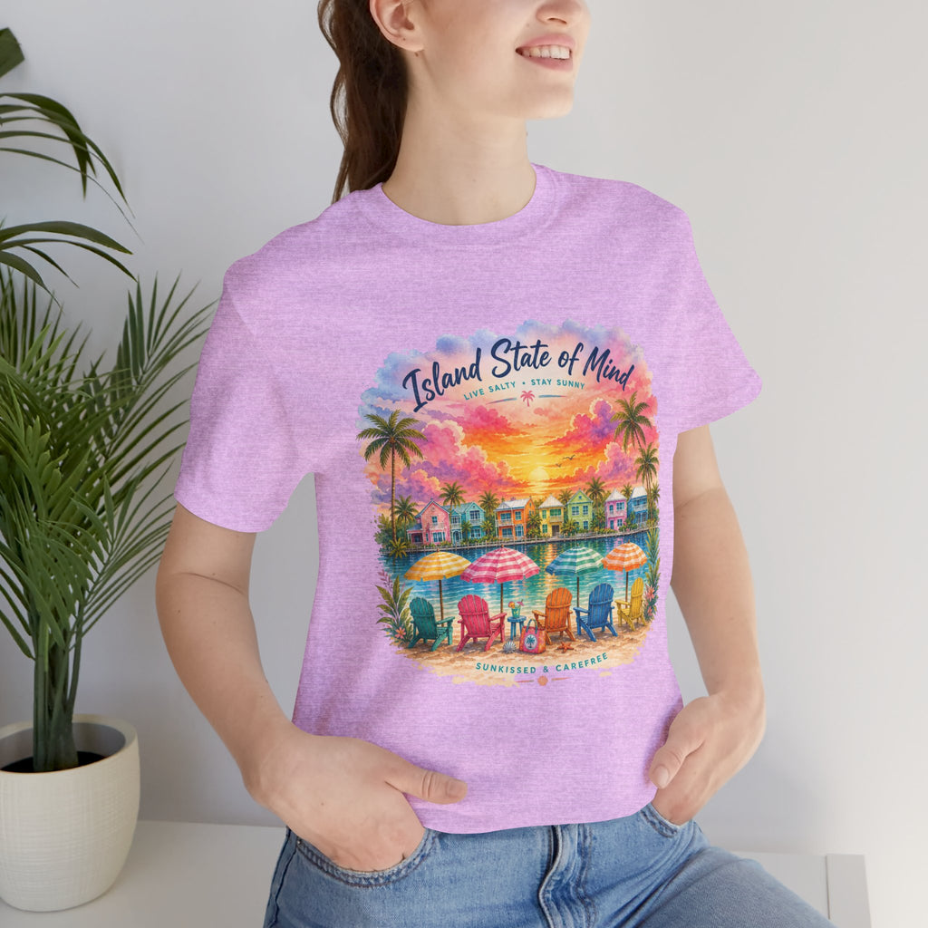Island State of Mind T-Shirt | Tropical Beach Sunset, Palm Trees, Beach Chairs
