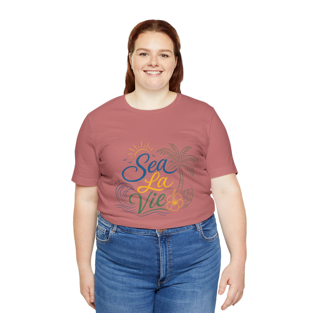 Sea La Vie beach palm graphic Tee | tropical waves, palm tree, hibiscus