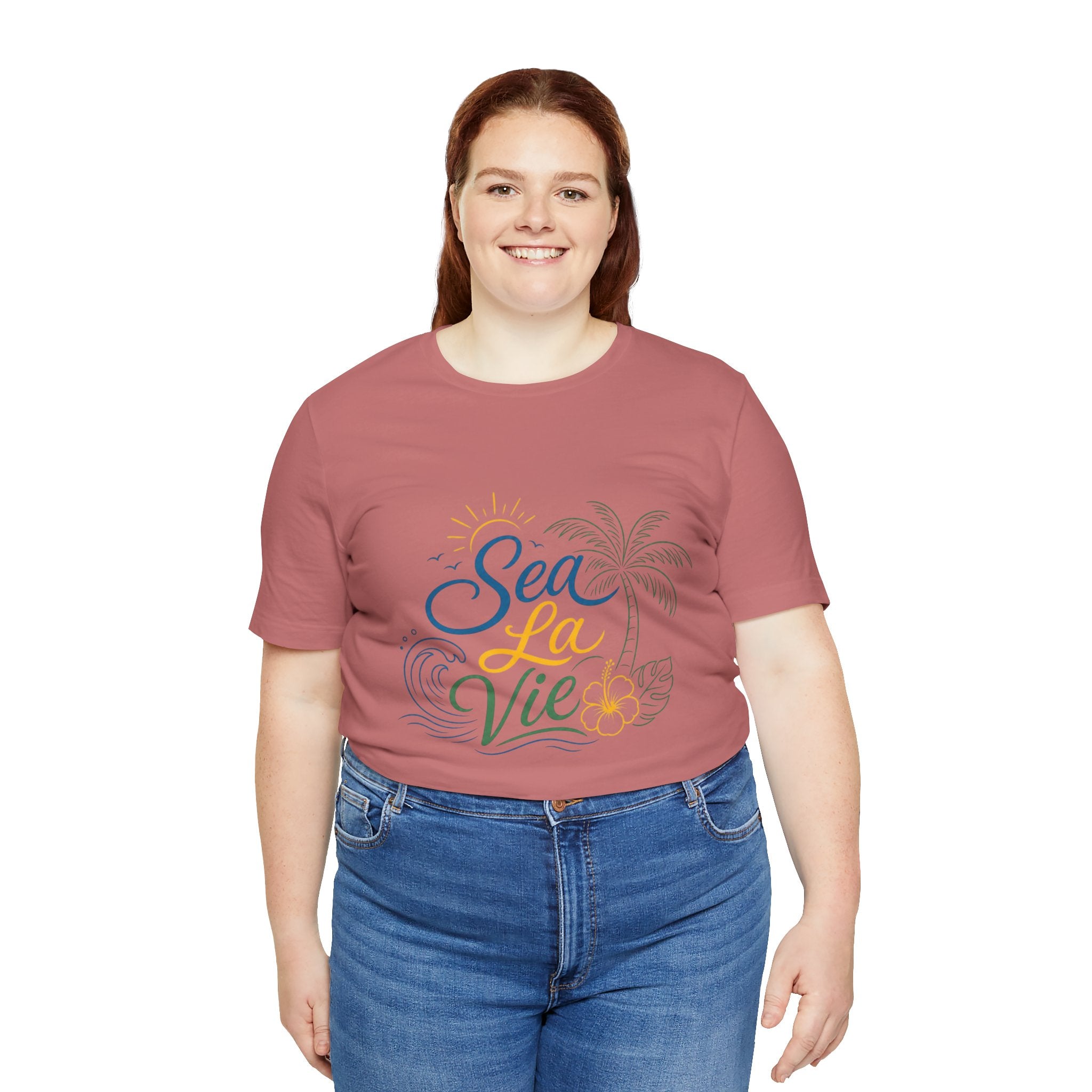 Sea La Vie beach palm graphic Tee | tropical waves, palm tree, hibiscus