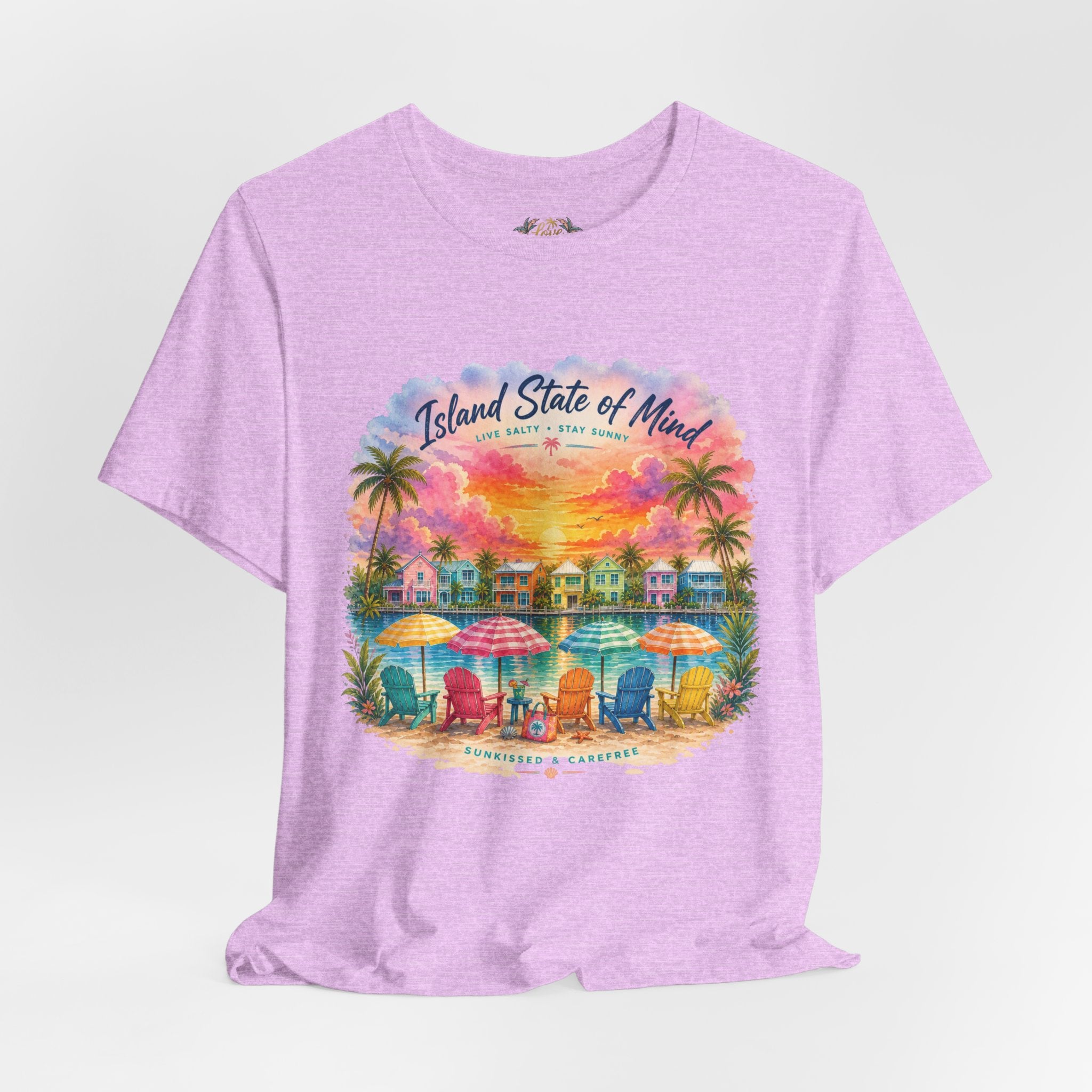 Island State of Mind T-Shirt | Tropical Beach Sunset, Palm Trees, Beach Chairs