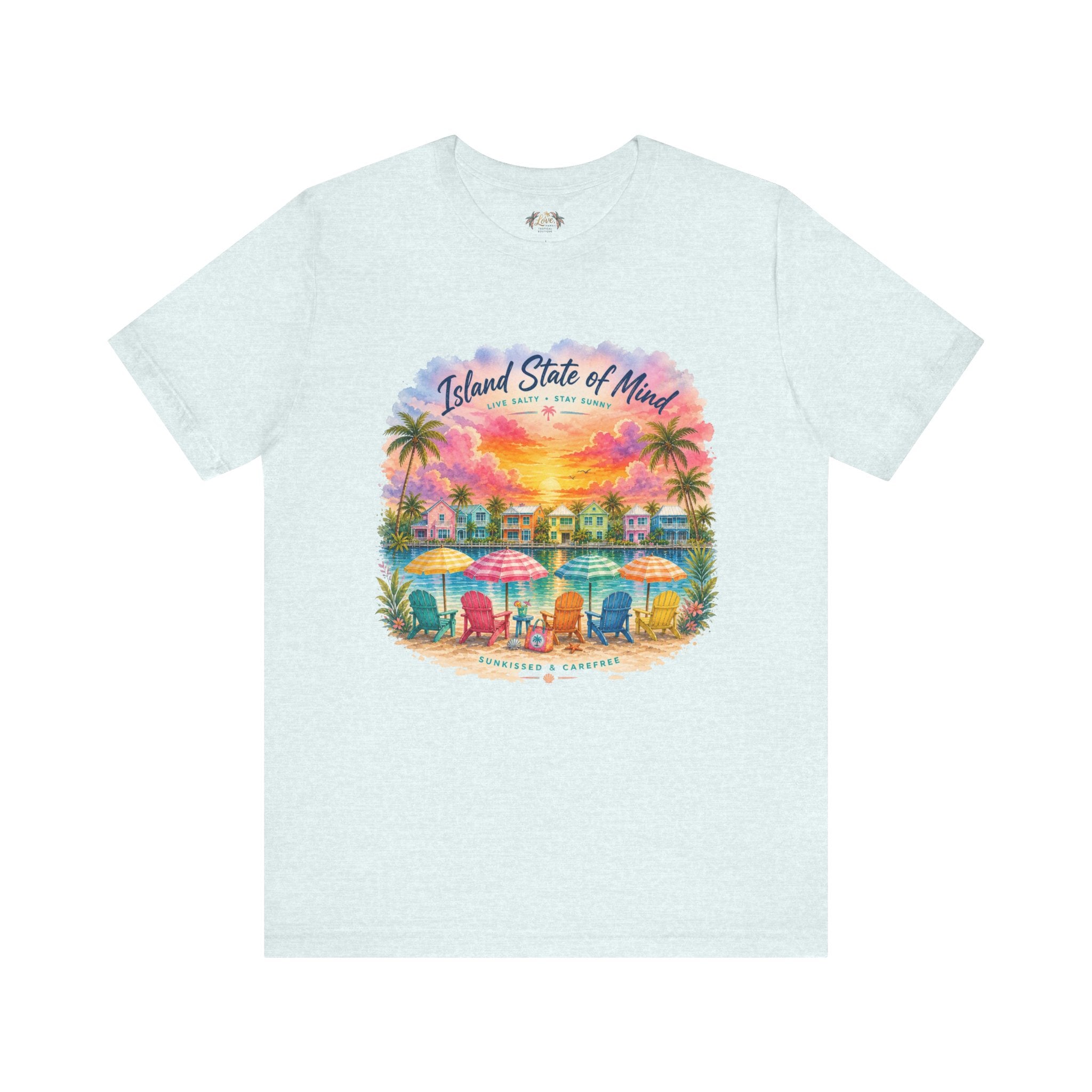 Island State of Mind T-Shirt | Tropical Beach Sunset, Palm Trees, Beach Chairs