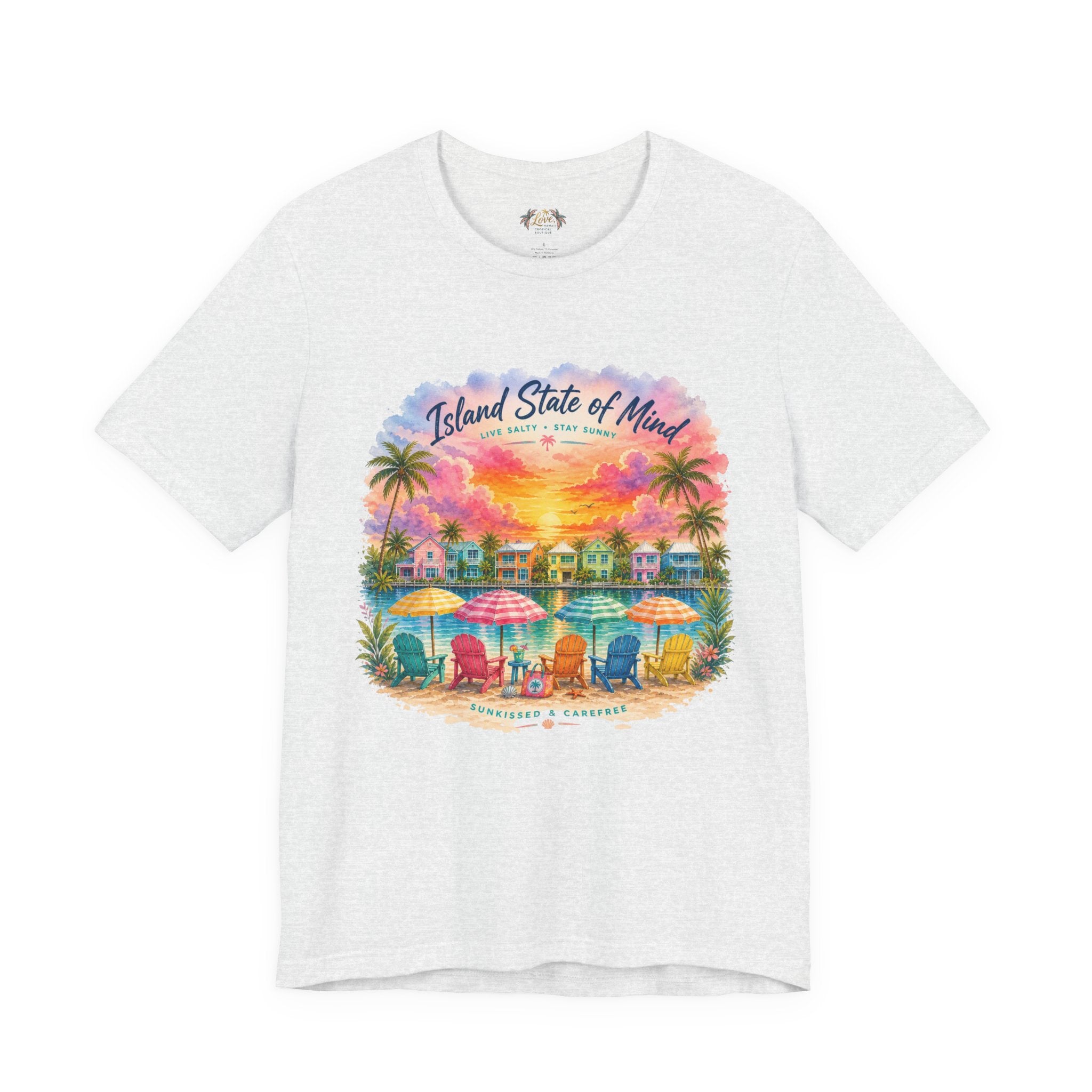 Island State of Mind T-Shirt | Tropical Beach Sunset, Palm Trees, Beach Chairs