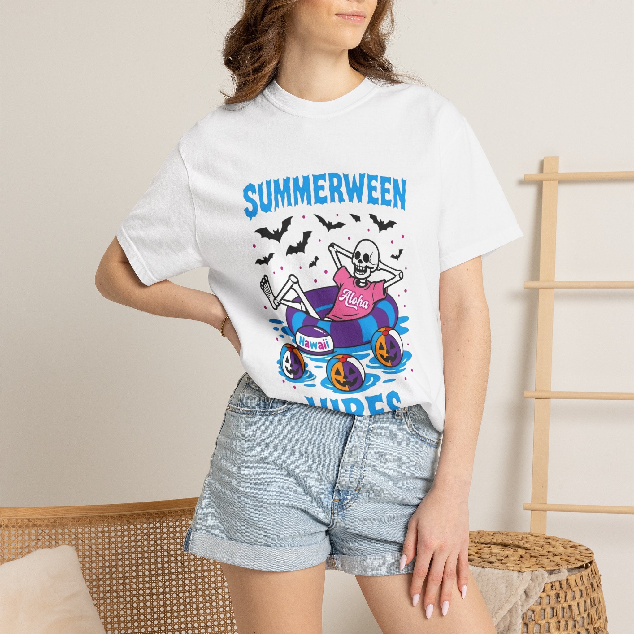 Summerween Vibes Skeleton T-shirt | Spooky Summer Beach| Love, Hawaii Halloween