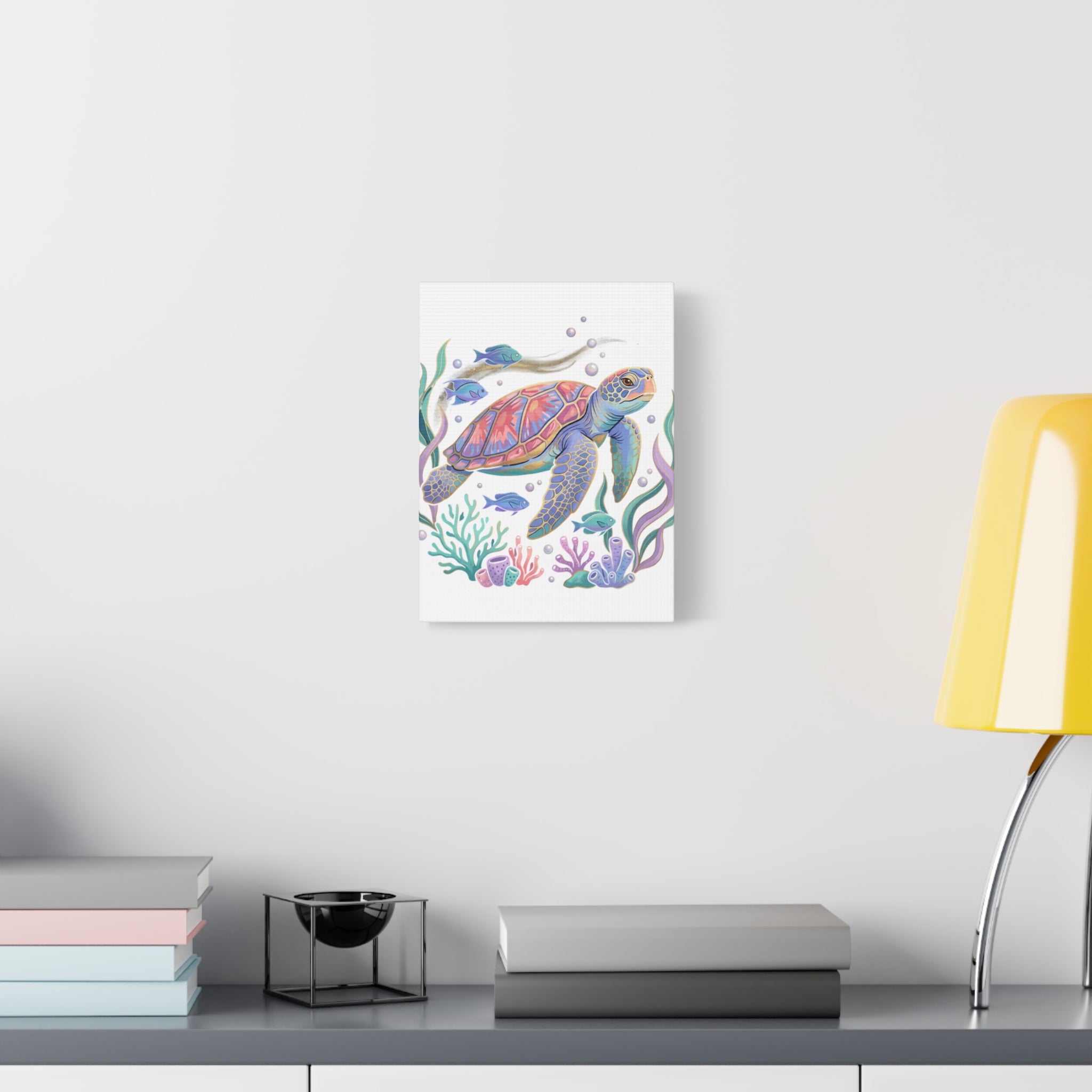 Colorful Sea Turtle Canvas Wall Art — Pastel Ocean Turtle Print on Matte Stretched Canvas