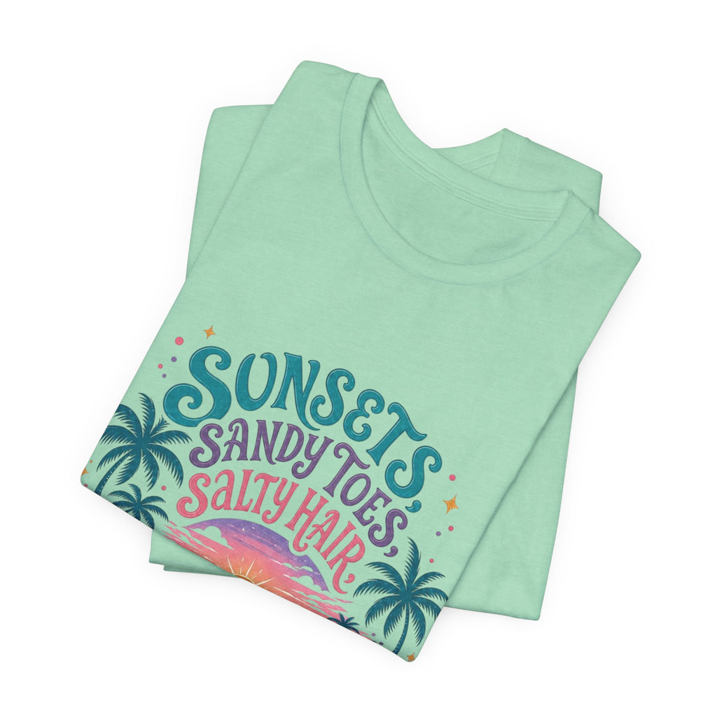 Hawaii Beach Tee — "Sunsets, Sandy Toes, Salty Hair" Sunset Palm Graphic Shirt