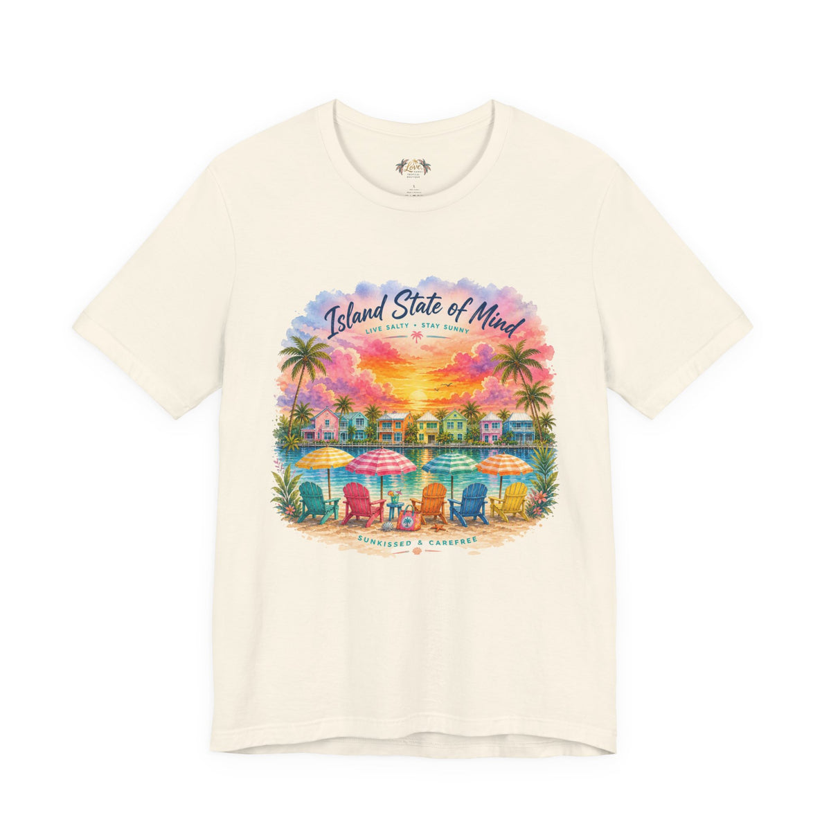 Island State of Mind T-Shirt | Tropical Beach Sunset, Palm Trees, Beach Chairs
