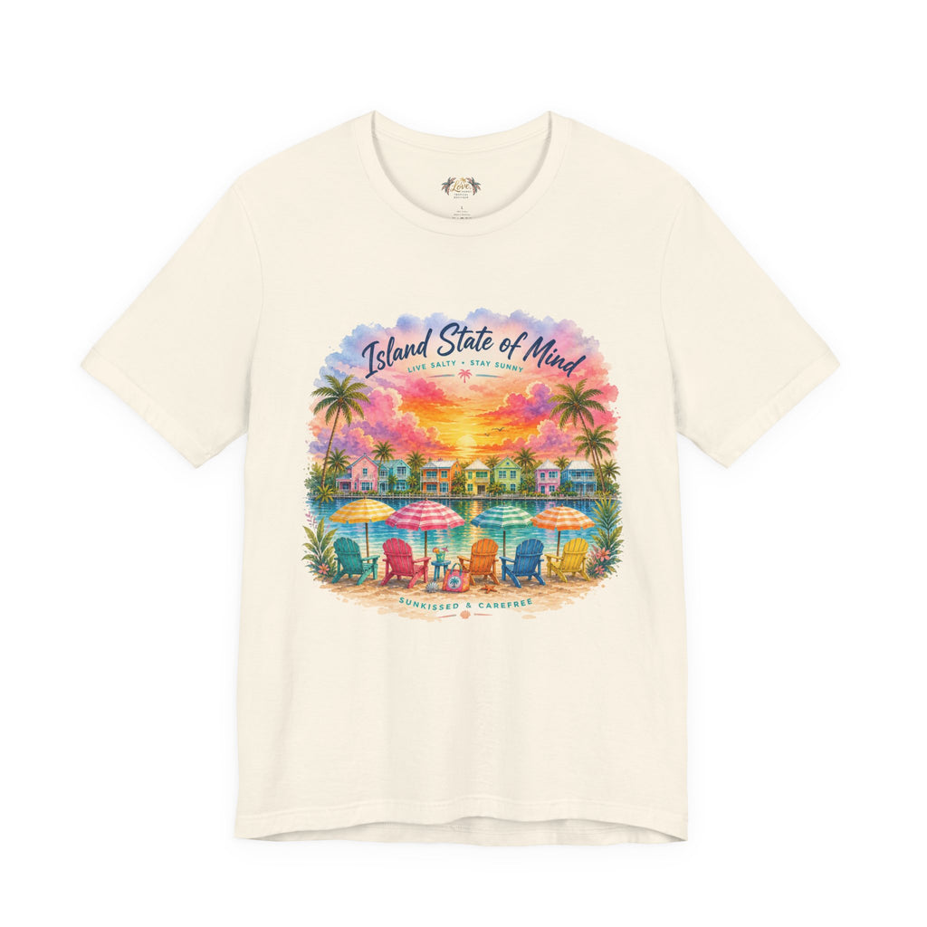 Island State of Mind T-Shirt | Tropical Beach Sunset, Palm Trees, Beach Chairs
