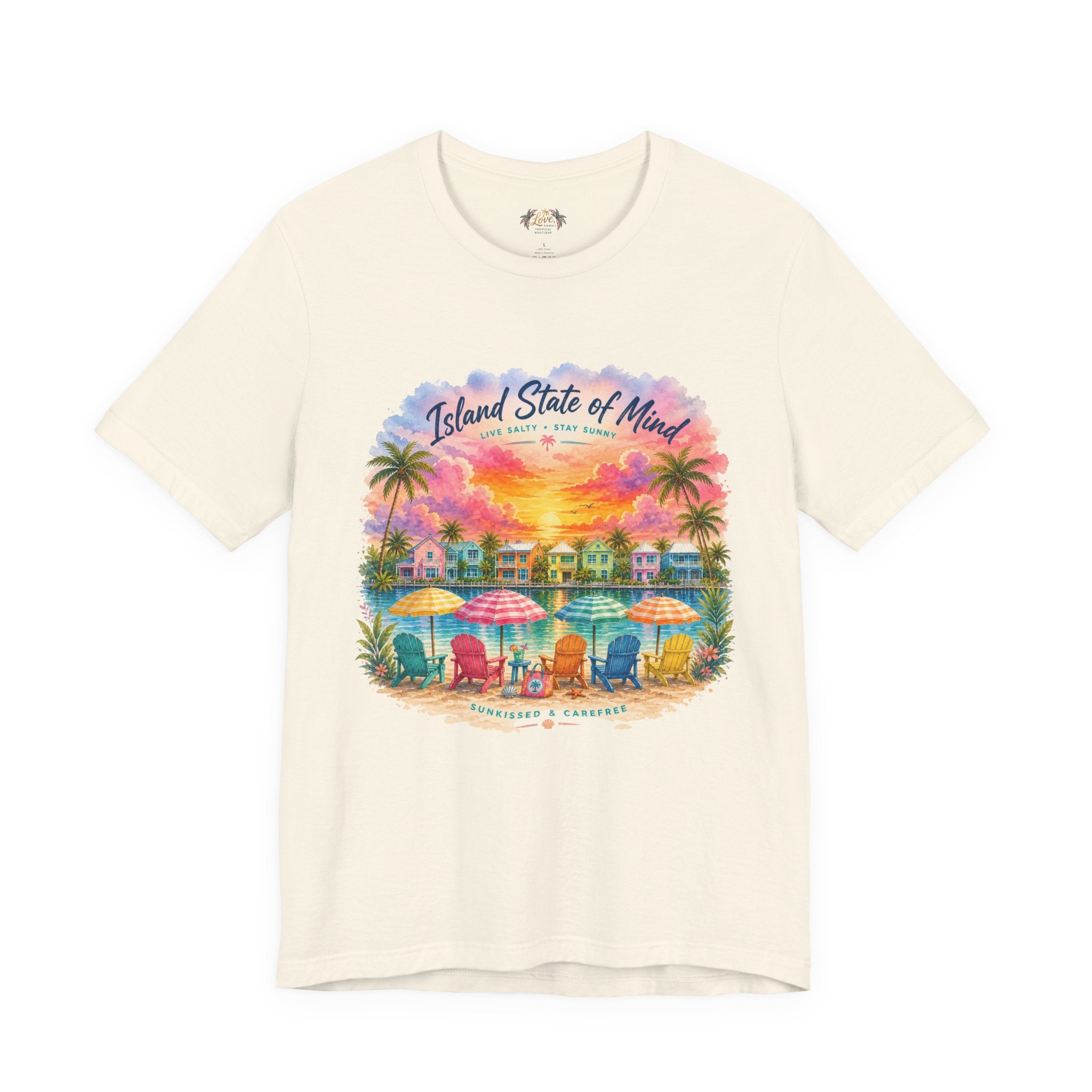 Island State of Mind T-Shirt | Tropical Beach Sunset, Palm Trees, Beach Chairs
