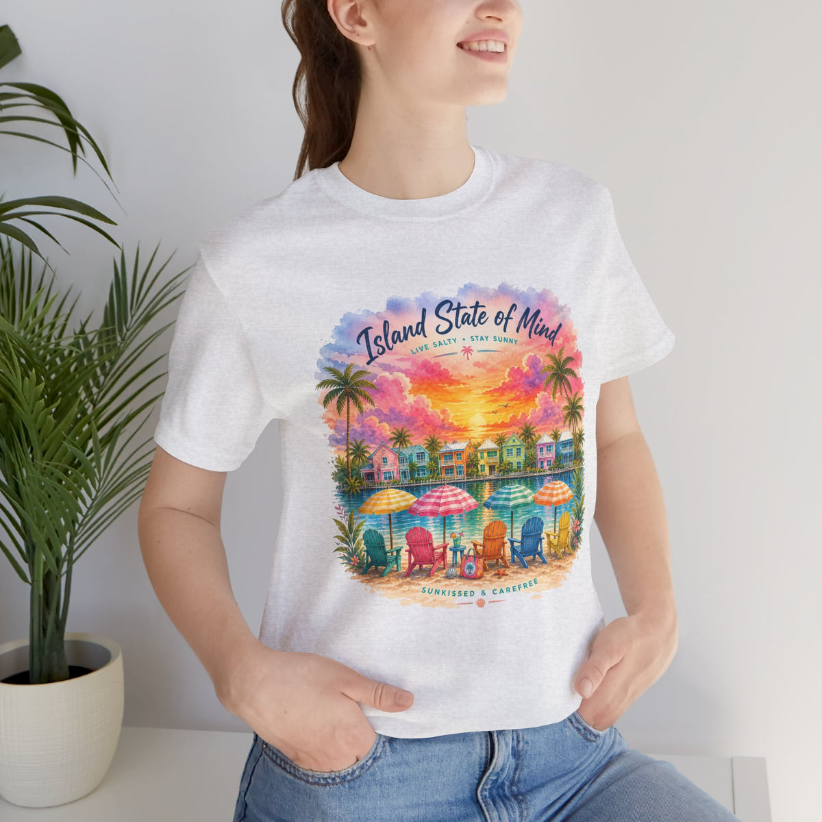 Island State of Mind T-Shirt | Tropical Beach Sunset, Palm Trees, Beach Chairs
