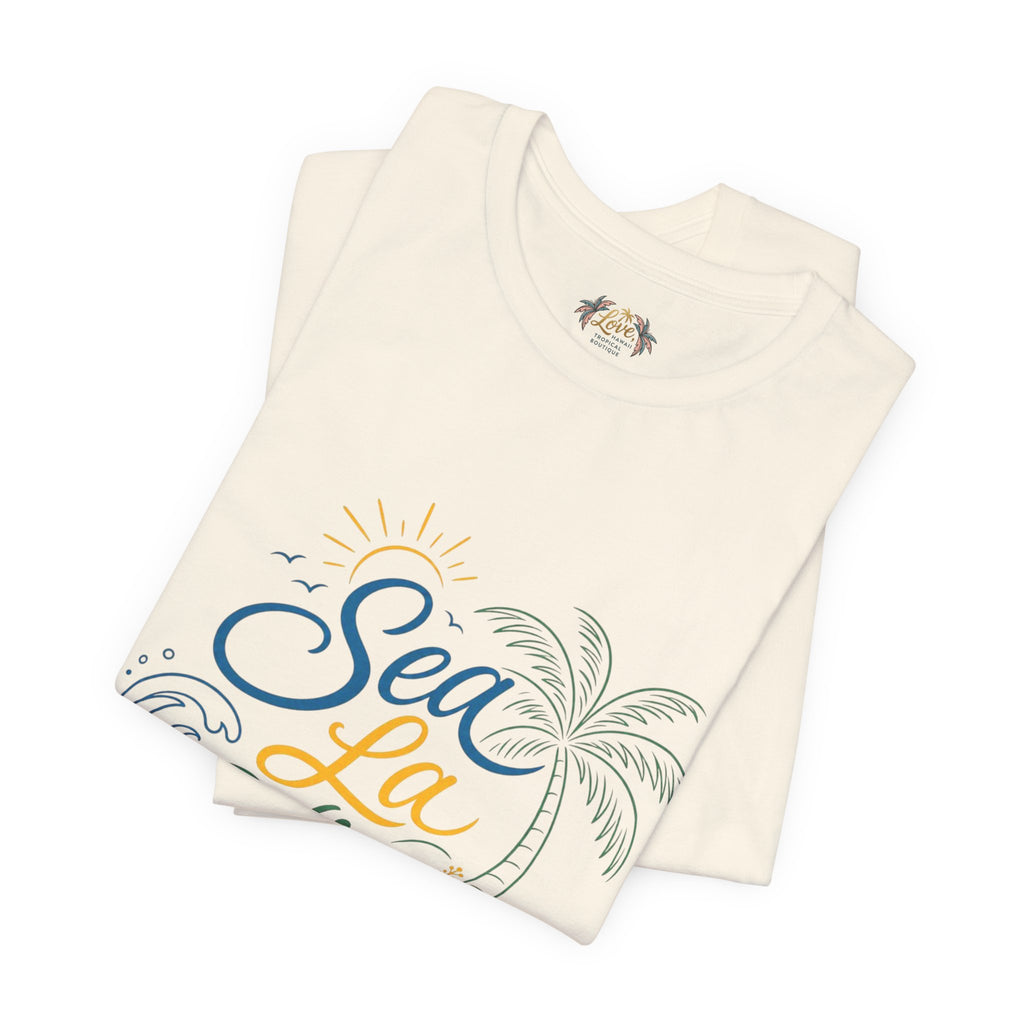 Sea La Vie beach palm graphic Tee | tropical waves, palm tree, hibiscus