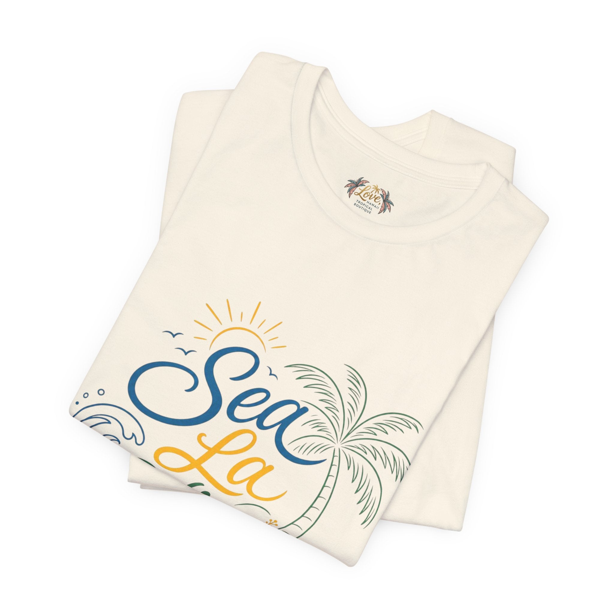 Sea La Vie beach palm graphic Tee | tropical waves, palm tree, hibiscus