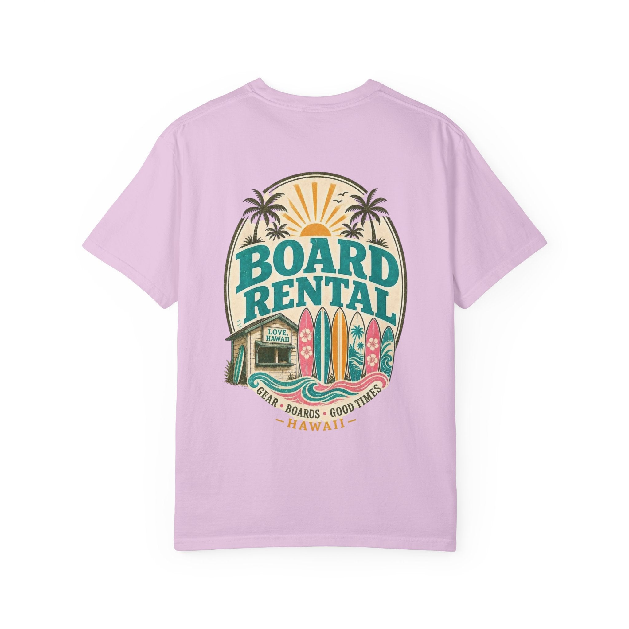 Board Rental T-Shirt — Hawaiian Surf Shop Graphic Tee (Back & Chest Print)