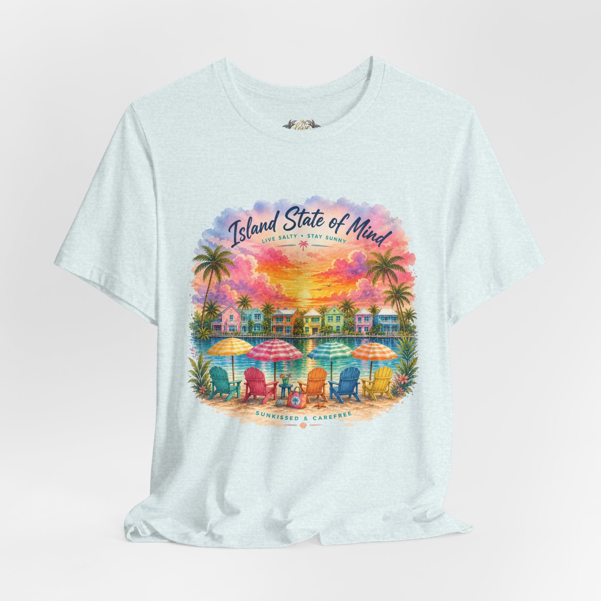 Island State of Mind T-Shirt | Tropical Beach Sunset, Palm Trees, Beach Chairs