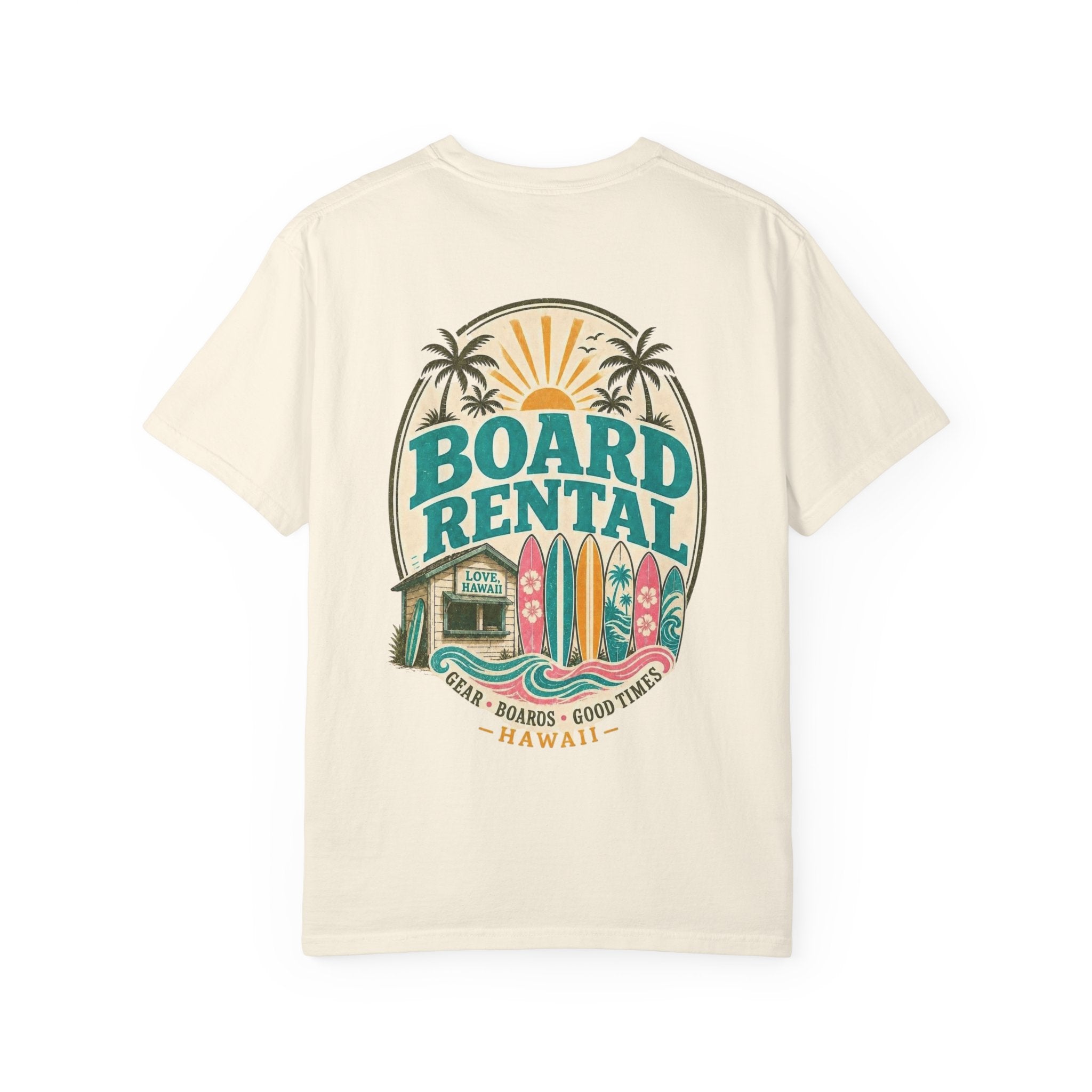 Board Rental T-Shirt — Hawaiian Surf Shop Graphic Tee (Back & Chest Print)