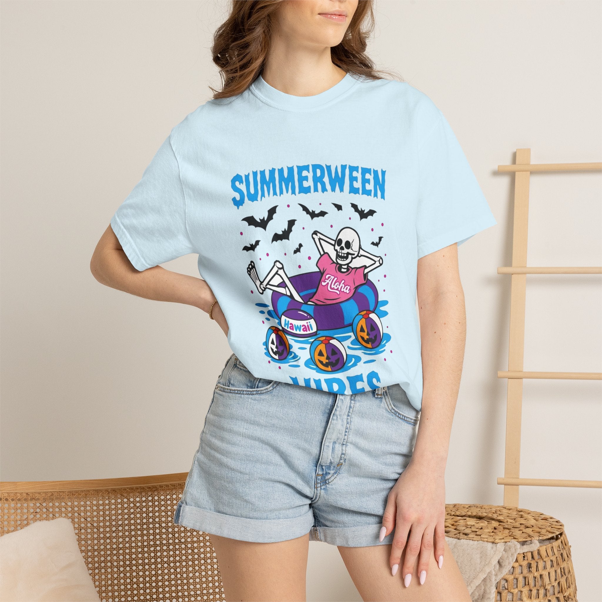 Summerween Vibes Skeleton T-shirt | Spooky Summer Beach| Love, Hawaii Halloween