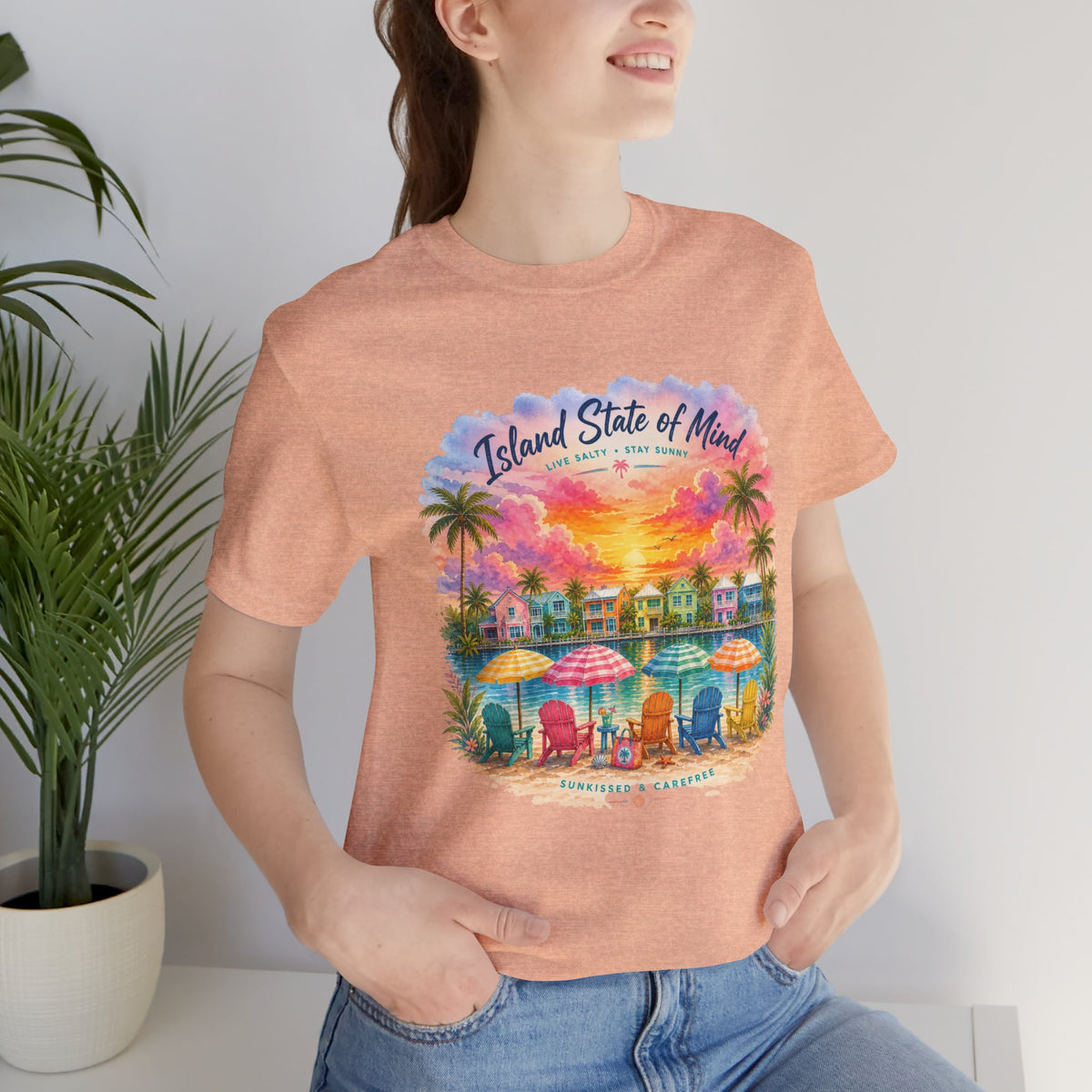Island State of Mind T-Shirt | Tropical Beach Sunset, Palm Trees, Beach Chairs