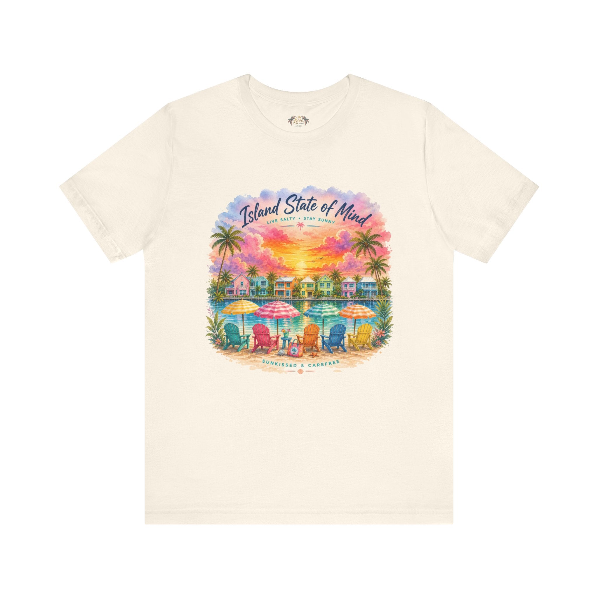 Island State of Mind T-Shirt | Tropical Beach Sunset, Palm Trees, Beach Chairs