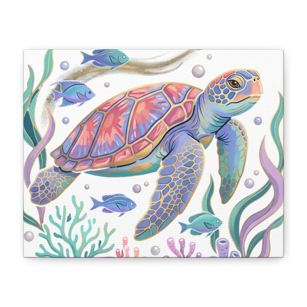 Colorful Sea Turtle Canvas Wall Art — Pastel Ocean Turtle Print on Matte Stretched Canvas