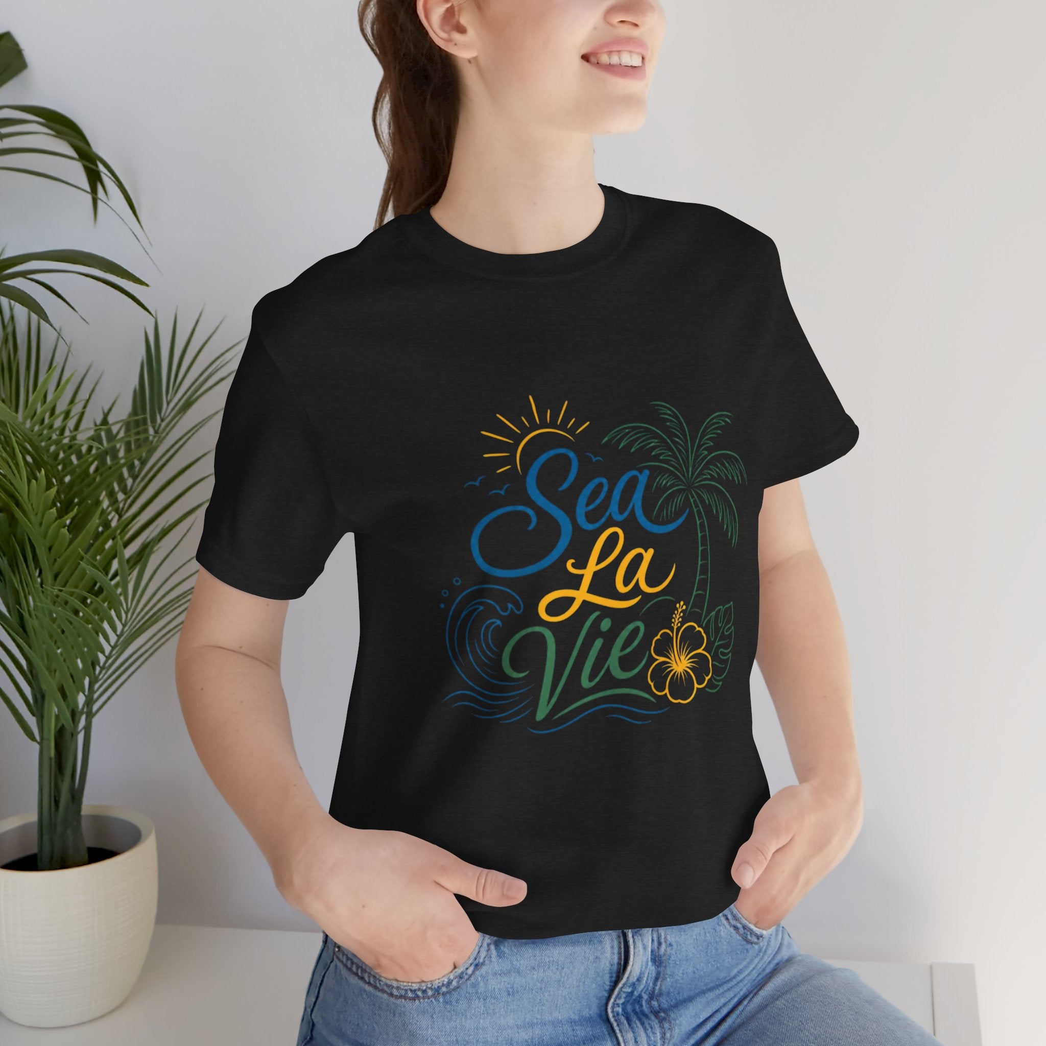 Sea La Vie beach palm graphic Tee | tropical waves, palm tree, hibiscus