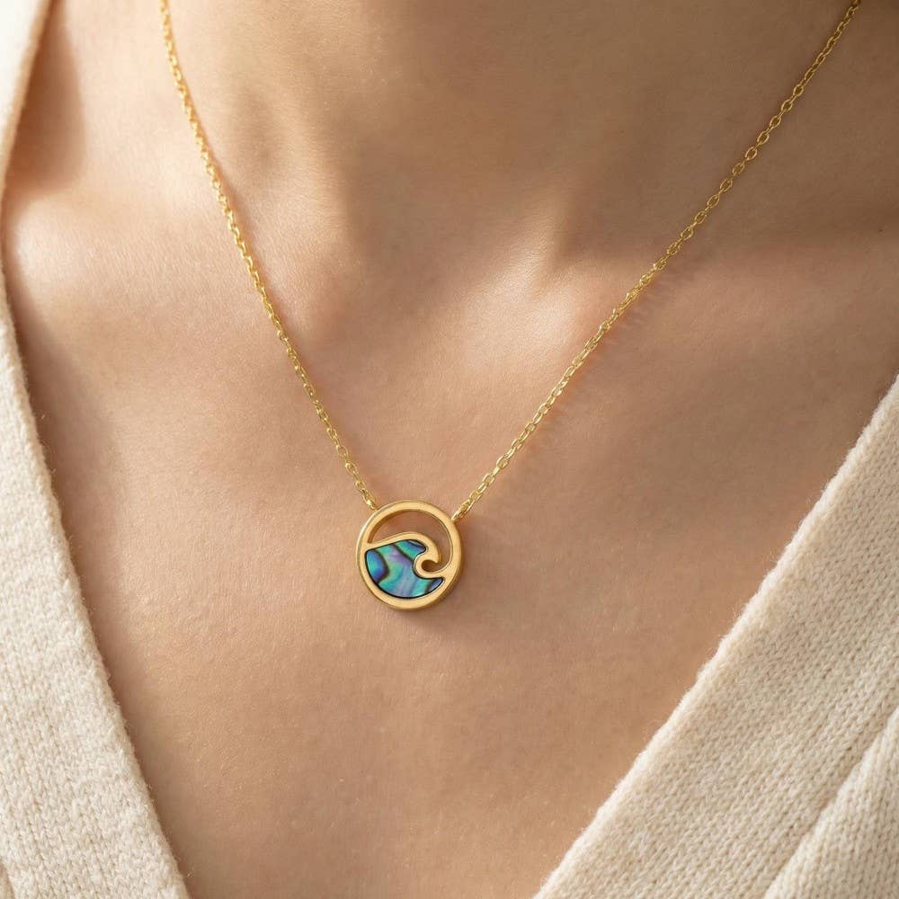 Tropical Wave Coin Pendant Necklace • Mother of Pearl Gold Dipped Necklace • Coastal Minimalist Jewelry