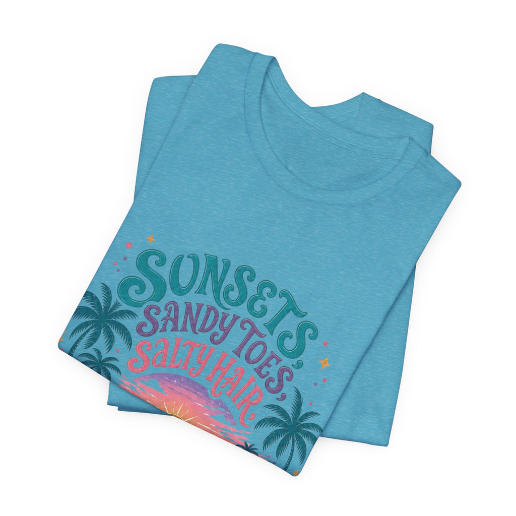 Hawaii Beach Tee — "Sunsets, Sandy Toes, Salty Hair" Sunset Palm Graphic Shirt
