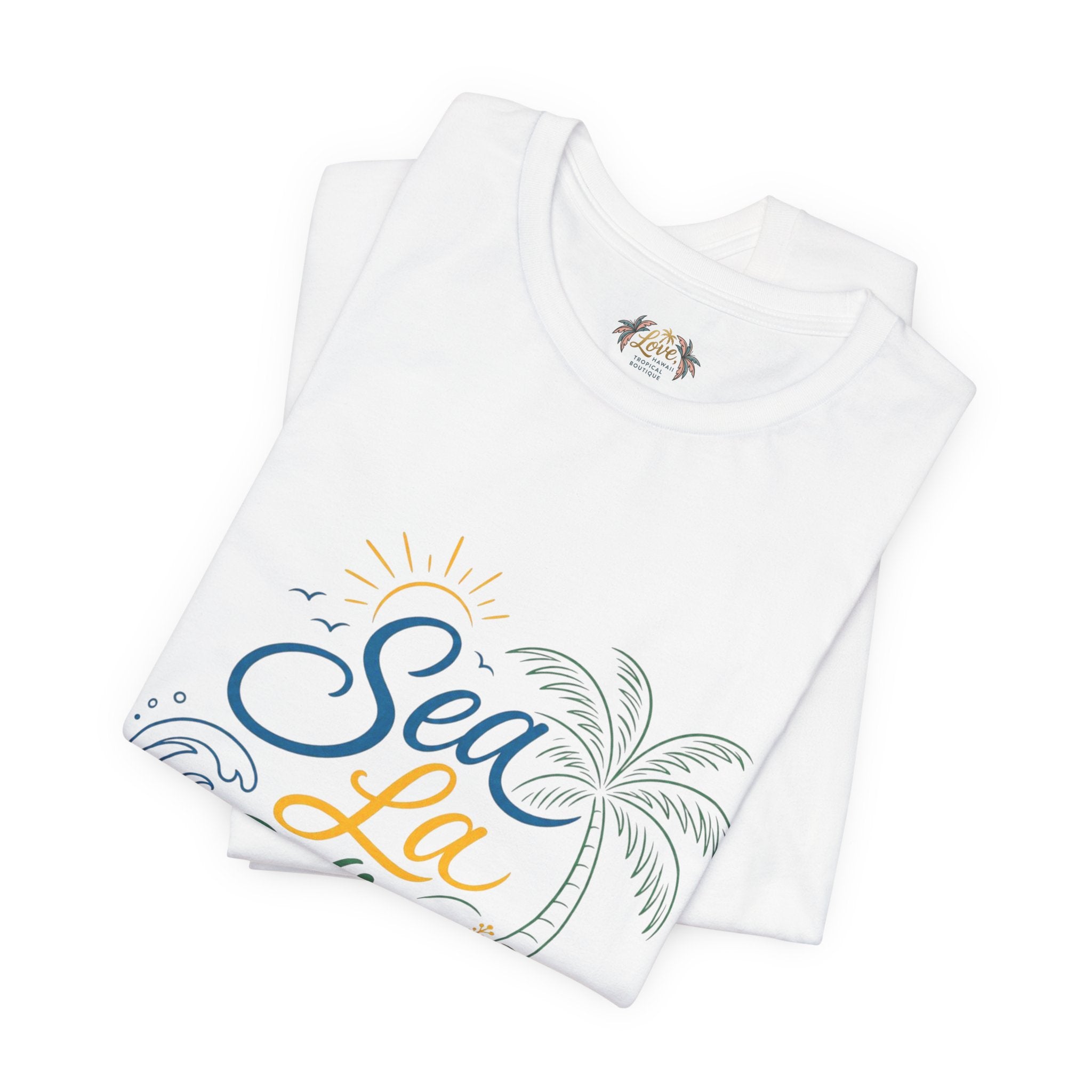 Sea La Vie beach palm graphic Tee | tropical waves, palm tree, hibiscus