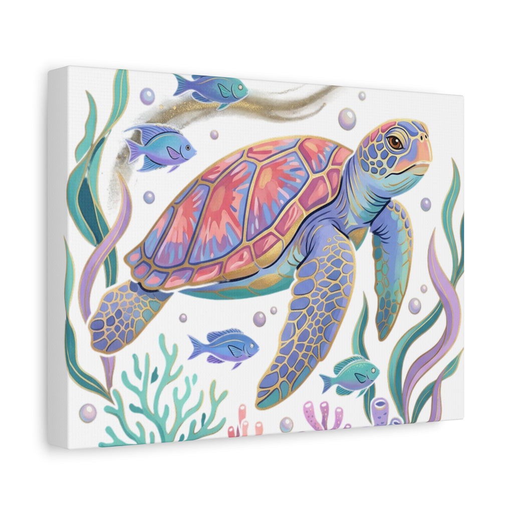 Colorful Sea Turtle Canvas Wall Art — Pastel Ocean Turtle Print on Matte Stretched Canvas