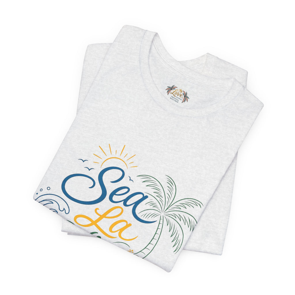 Sea La Vie beach palm graphic Tee | tropical waves, palm tree, hibiscus
