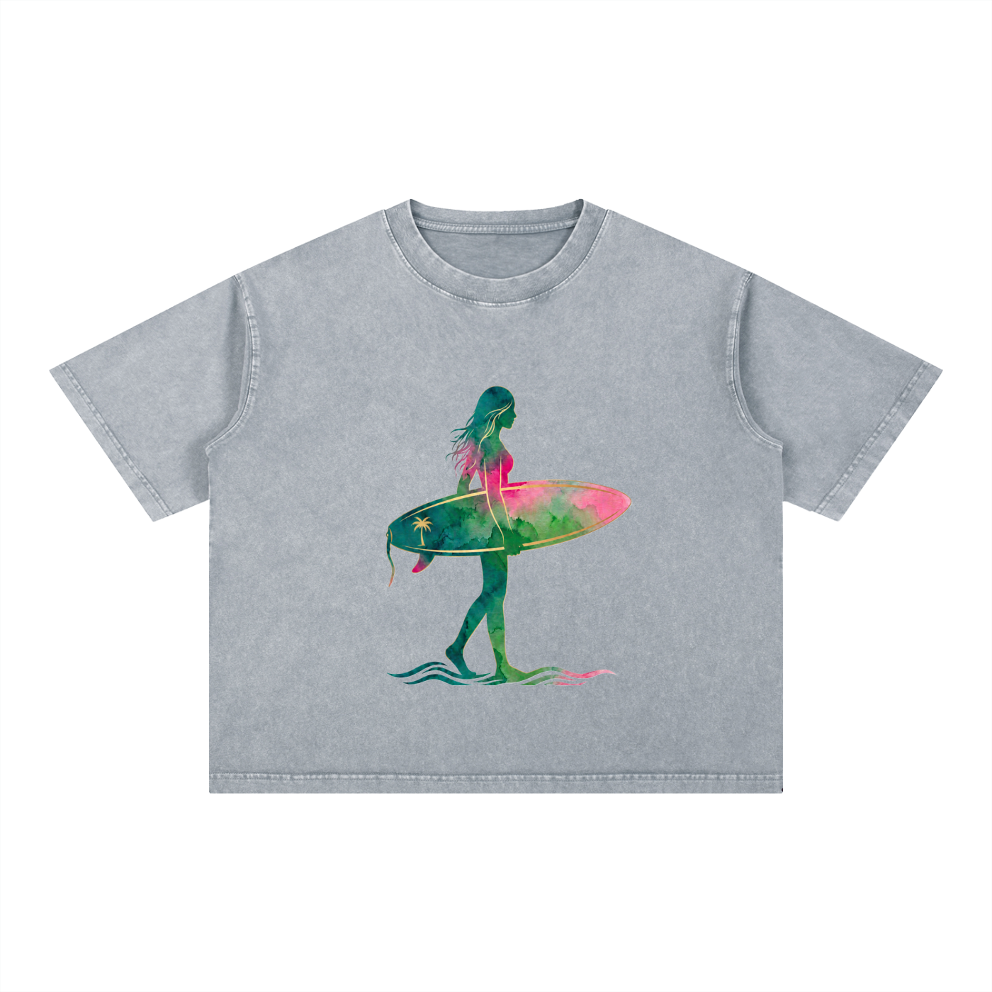 Watercolor Surf Silhouette Tee – Love, Hawaii Collection-Mineral Wash Boxy Cotton T-Shirt