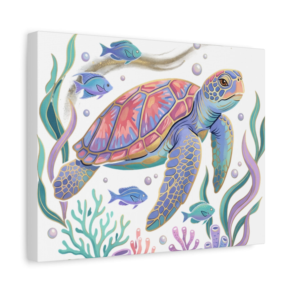 Colorful Sea Turtle Canvas Wall Art — Pastel Ocean Turtle Print on Matte Stretched Canvas