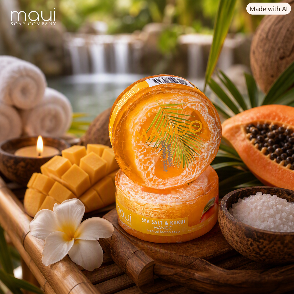 Mango Papaya Loofah Soap – Sea Salt & Kukui Oil • Exfoliating Tropical Bar (4.7 oz)