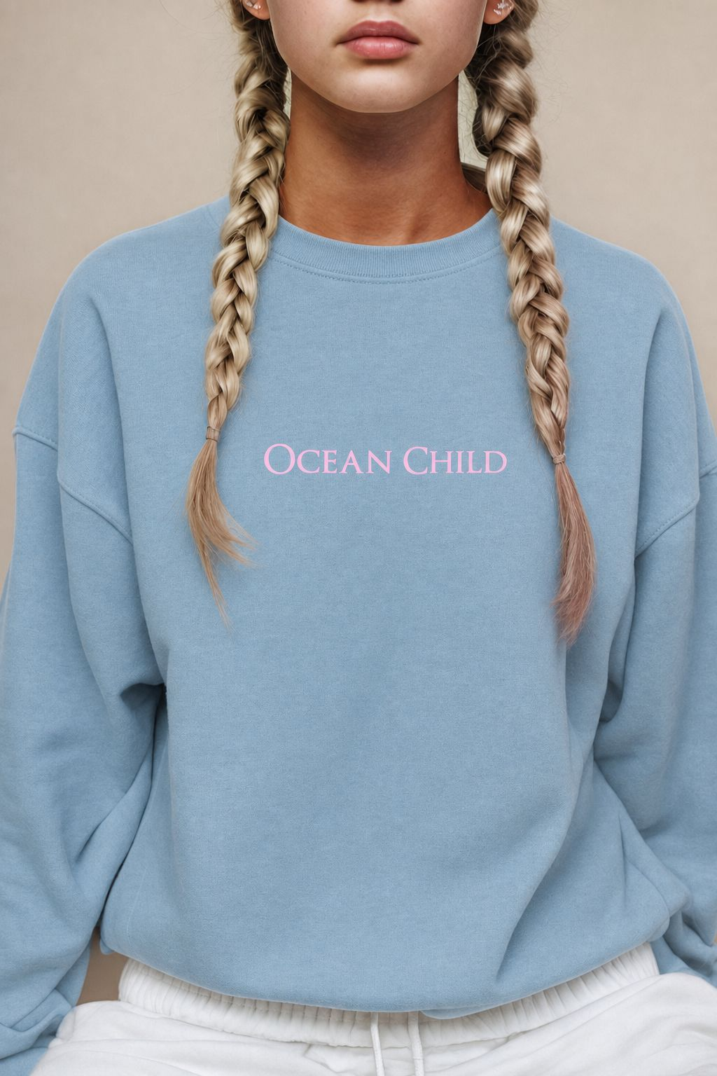 Ocean Child Pastel Long Sleeve — Soft Pink Coastal Sweatshirt with Sleeve Swirl