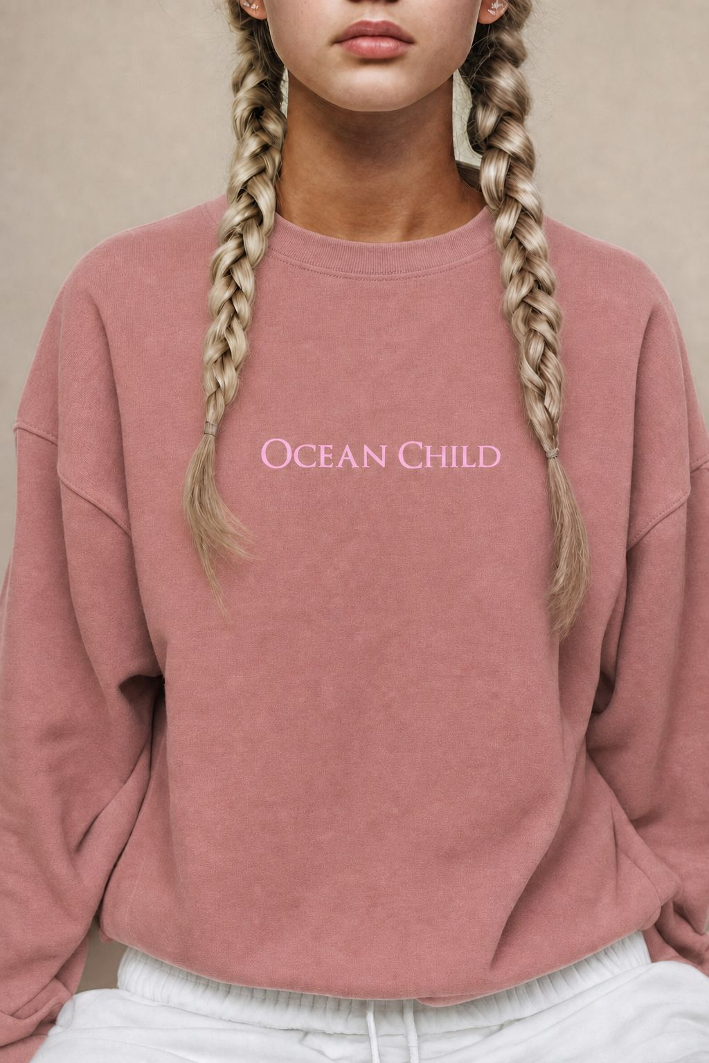 Ocean Child Pastel Long Sleeve — Soft Pink Coastal Sweatshirt with Sleeve Swirl