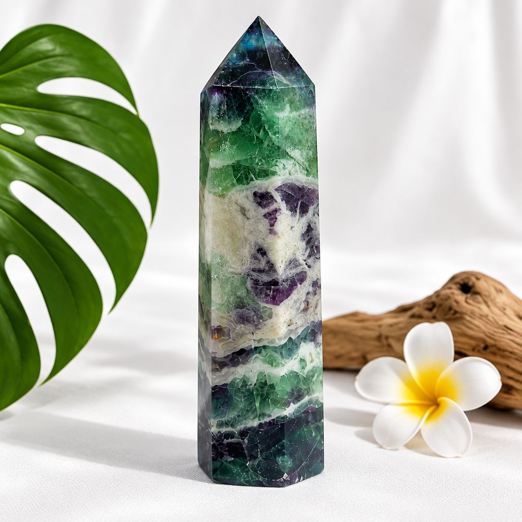 Rainbow Fluorite Crystal Tower 6.5" | Natural Green Purple Fluorite Point | Love Hawaii Crystals & Treasures
