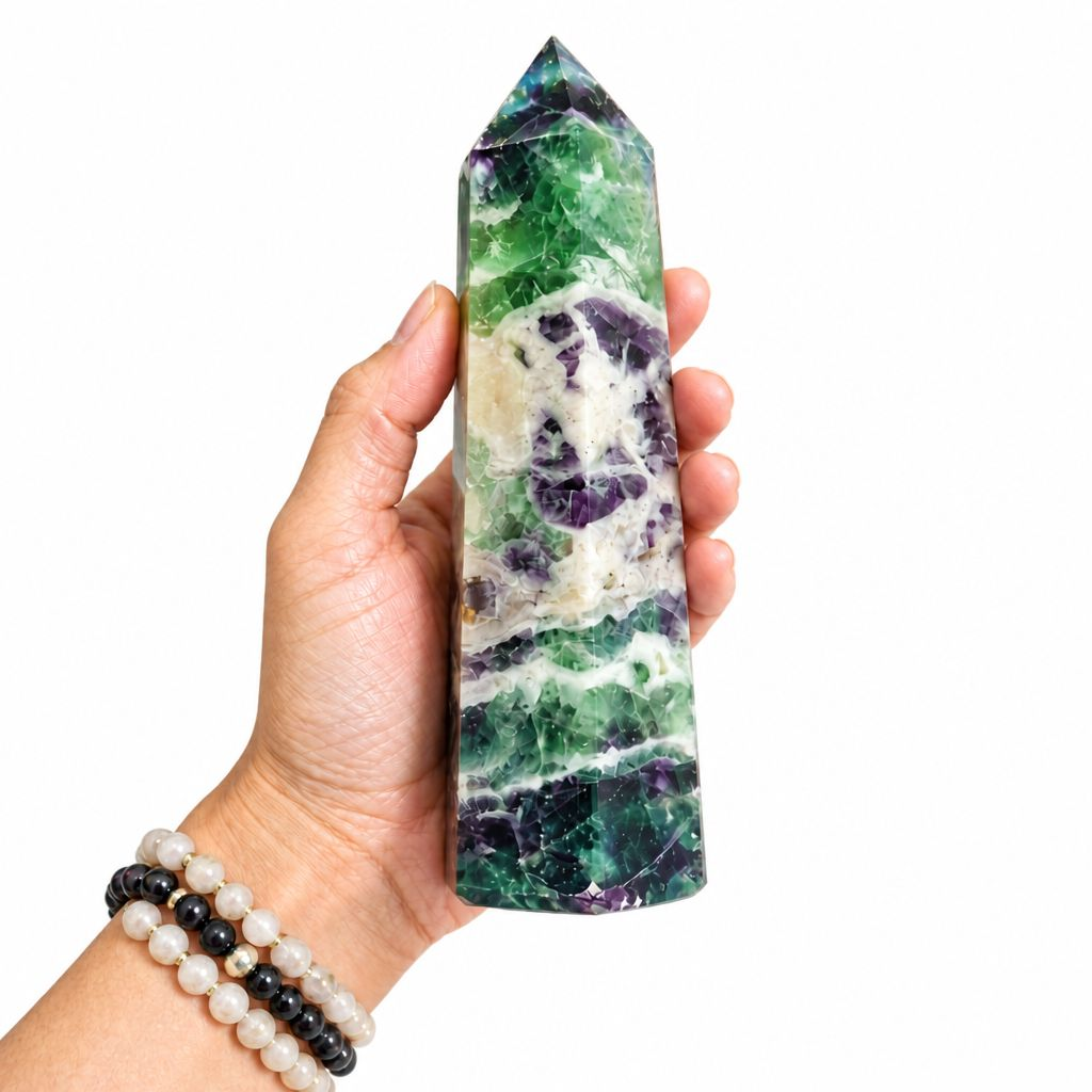 Rainbow Fluorite Crystal Tower 6.5" | Natural Green Purple Fluorite Point | Love Hawaii Crystals & Treasures