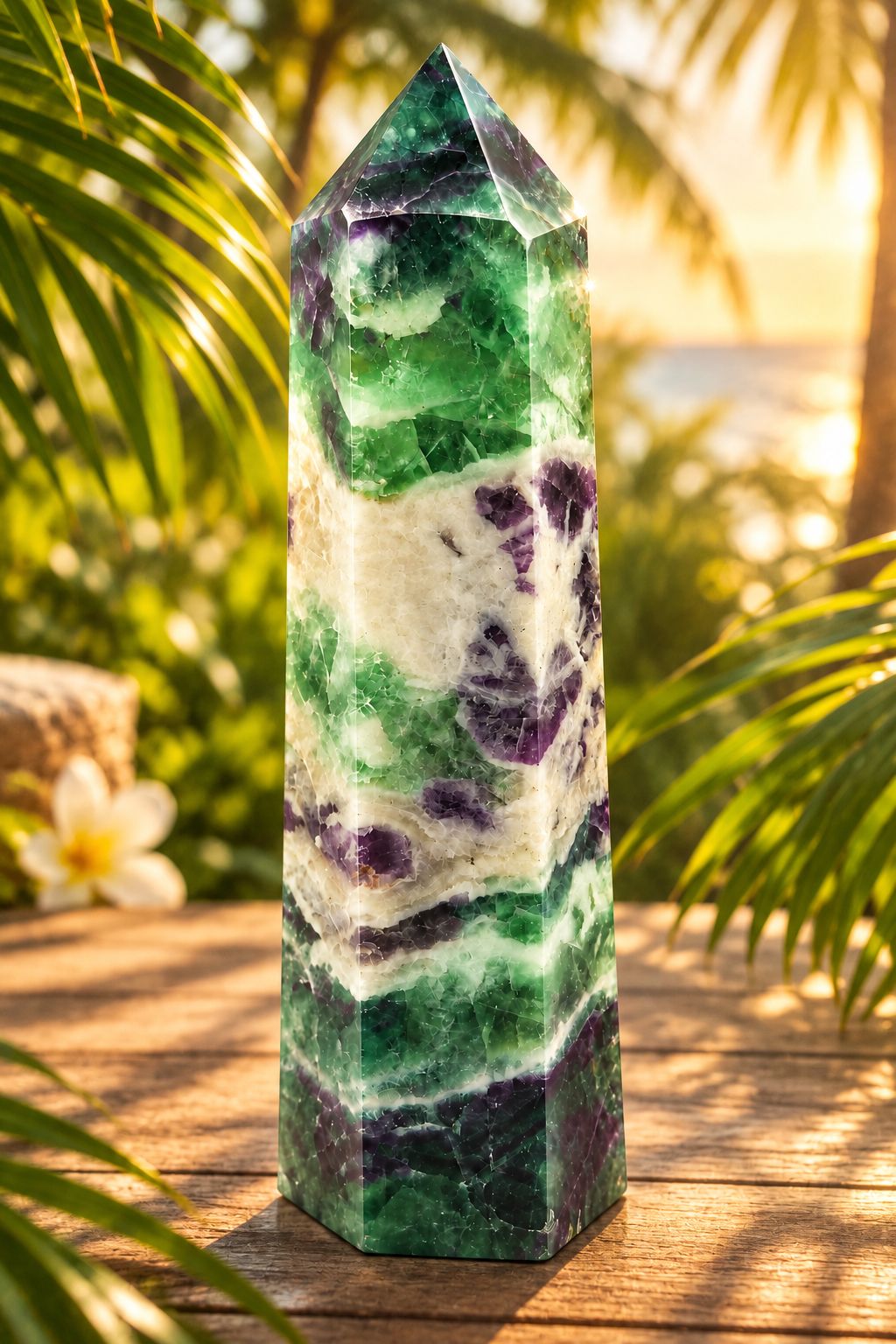 Rainbow Fluorite Crystal Tower 6.5" | Natural Green Purple Fluorite Point | Love Hawaii Crystals & Treasures