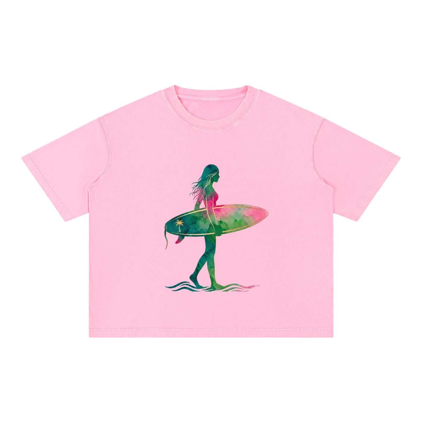 Watercolor Surf Silhouette Tee – Love, Hawaii Collection-Mineral Wash Boxy Cotton T-Shirt