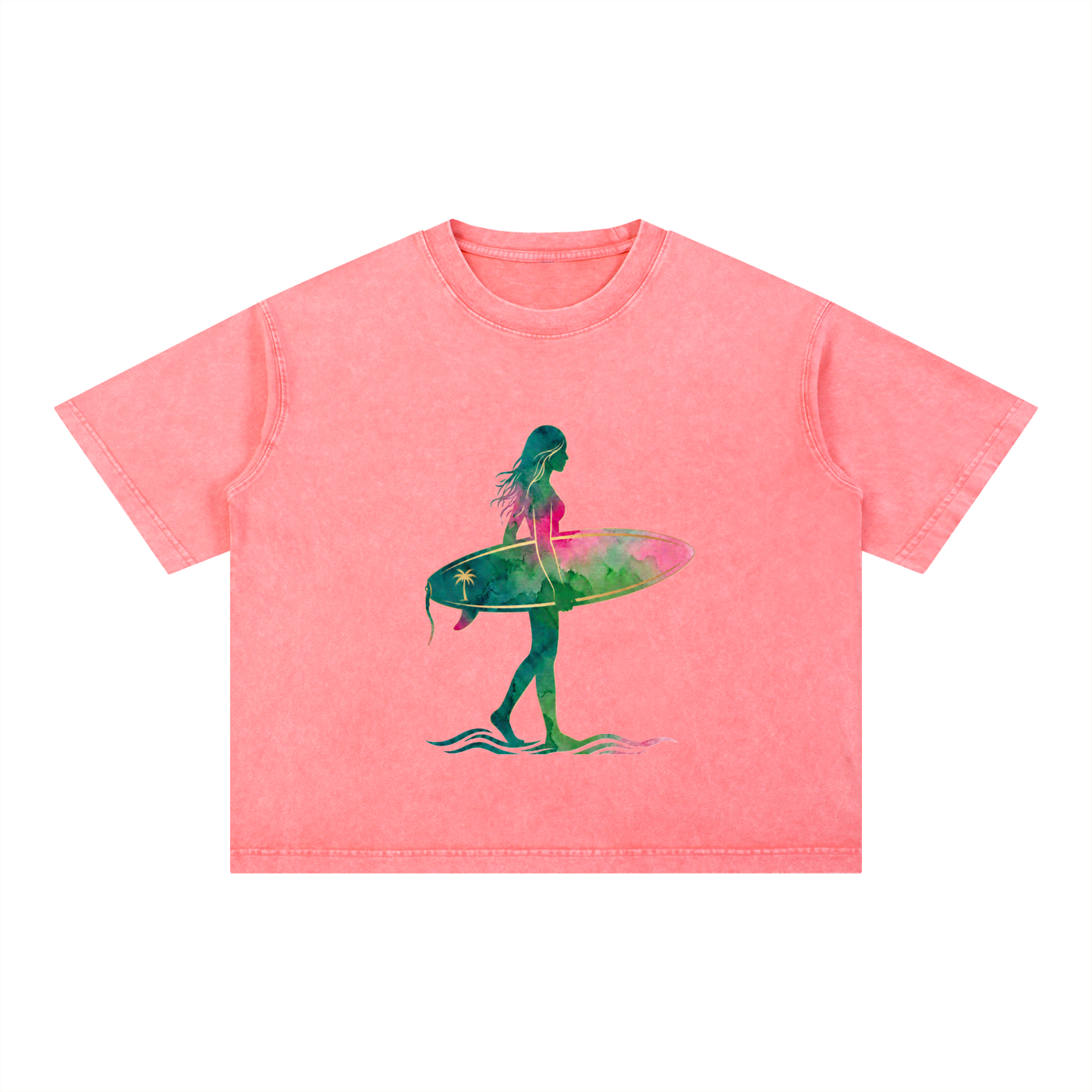 Watercolor Surf Silhouette Tee – Love, Hawaii Collection-Mineral Wash Boxy Cotton T-Shirt