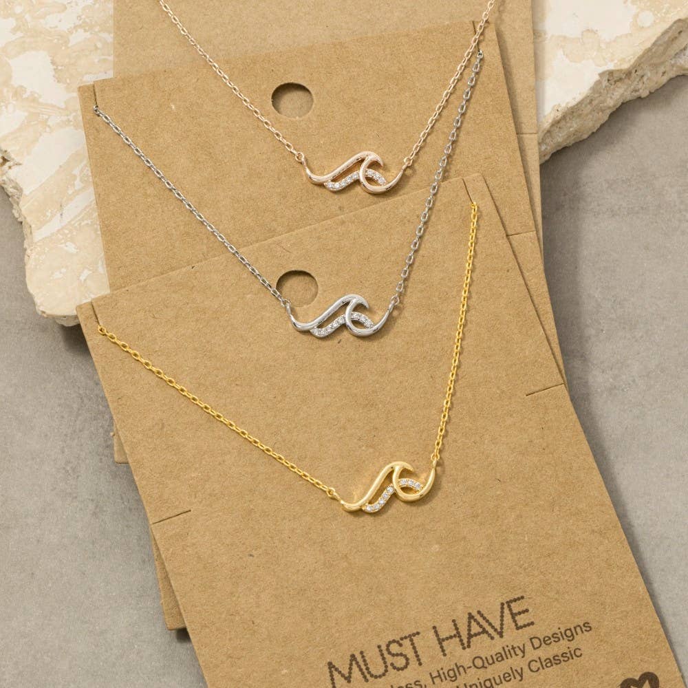 Rose Gold Dipped Cz Pave Wave Pendant Necklace: Rose Gold Dipped